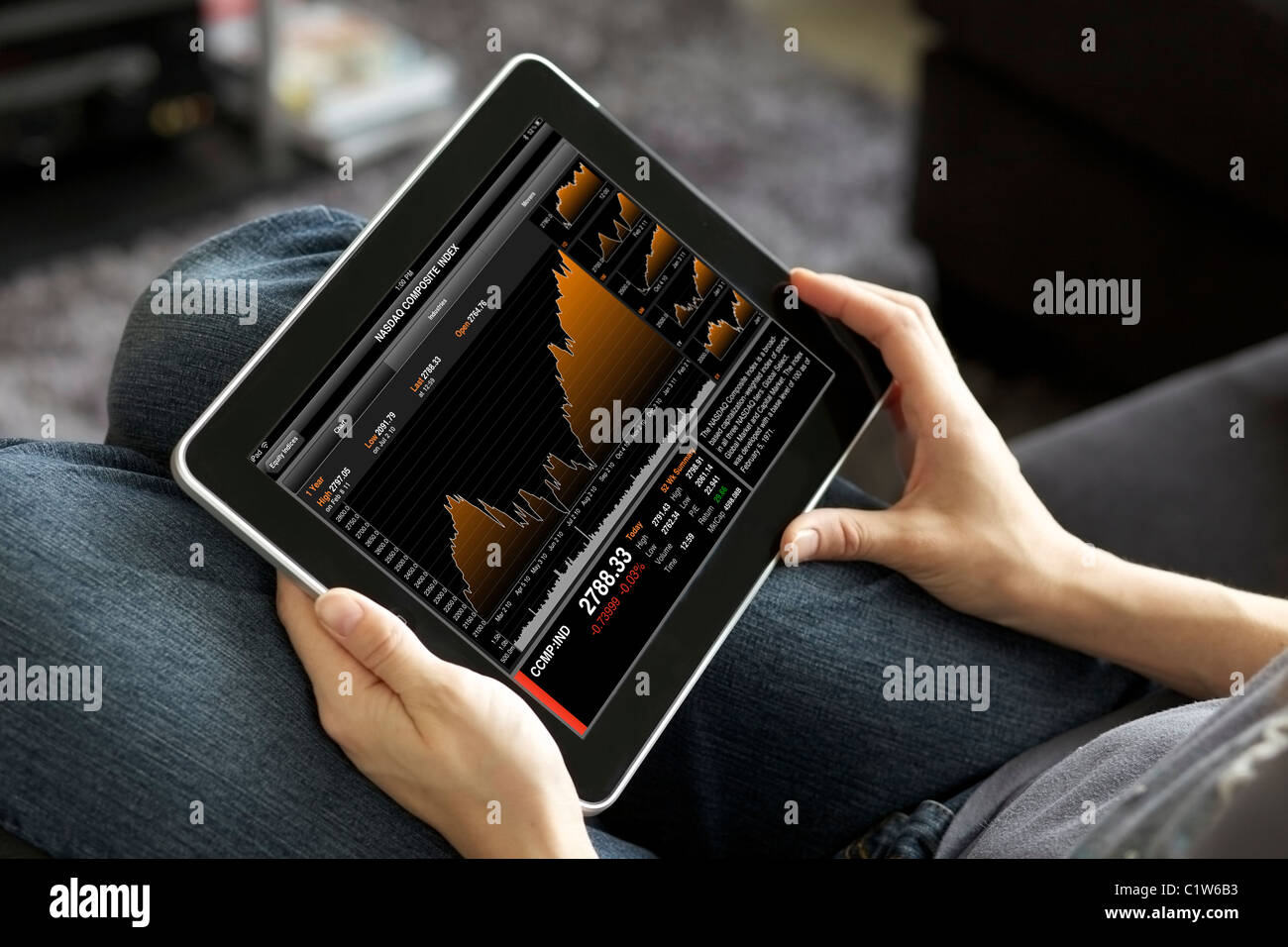 Close up view of a woman checking stock market with Bloomberg finance application on her iPad Stock Photo