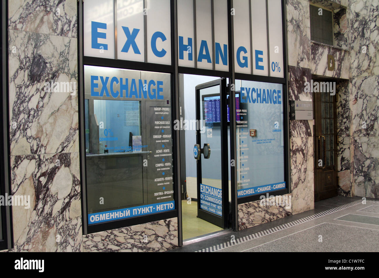 Bureau de Change 0% commission money exchange shop in Prague, Czech Republic Stock Photo