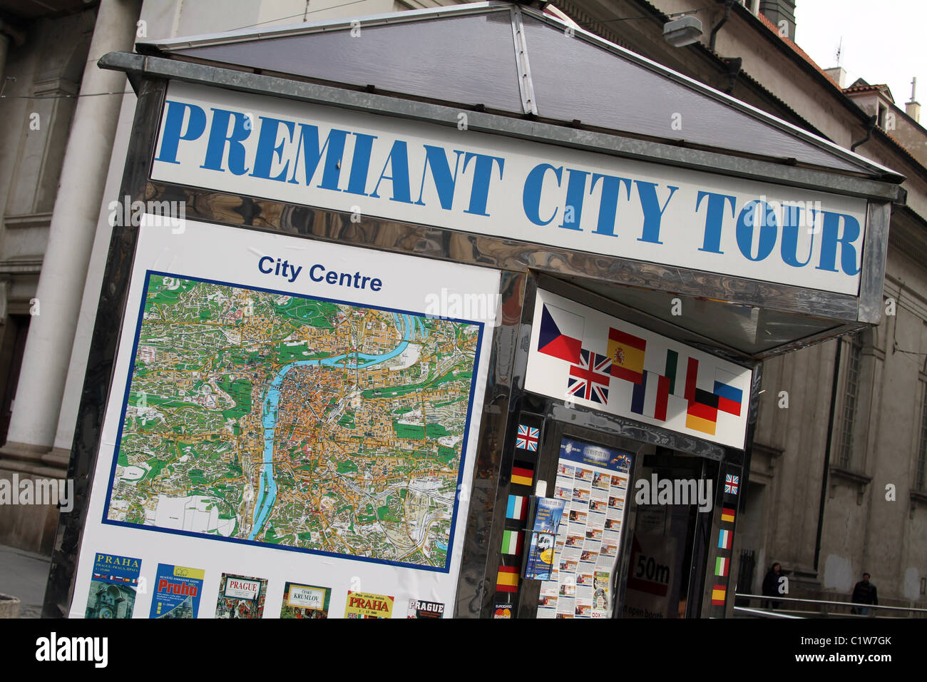 Premiant city tour of Prague tours for tourists booth in Prague, Czech Republic Stock Photo