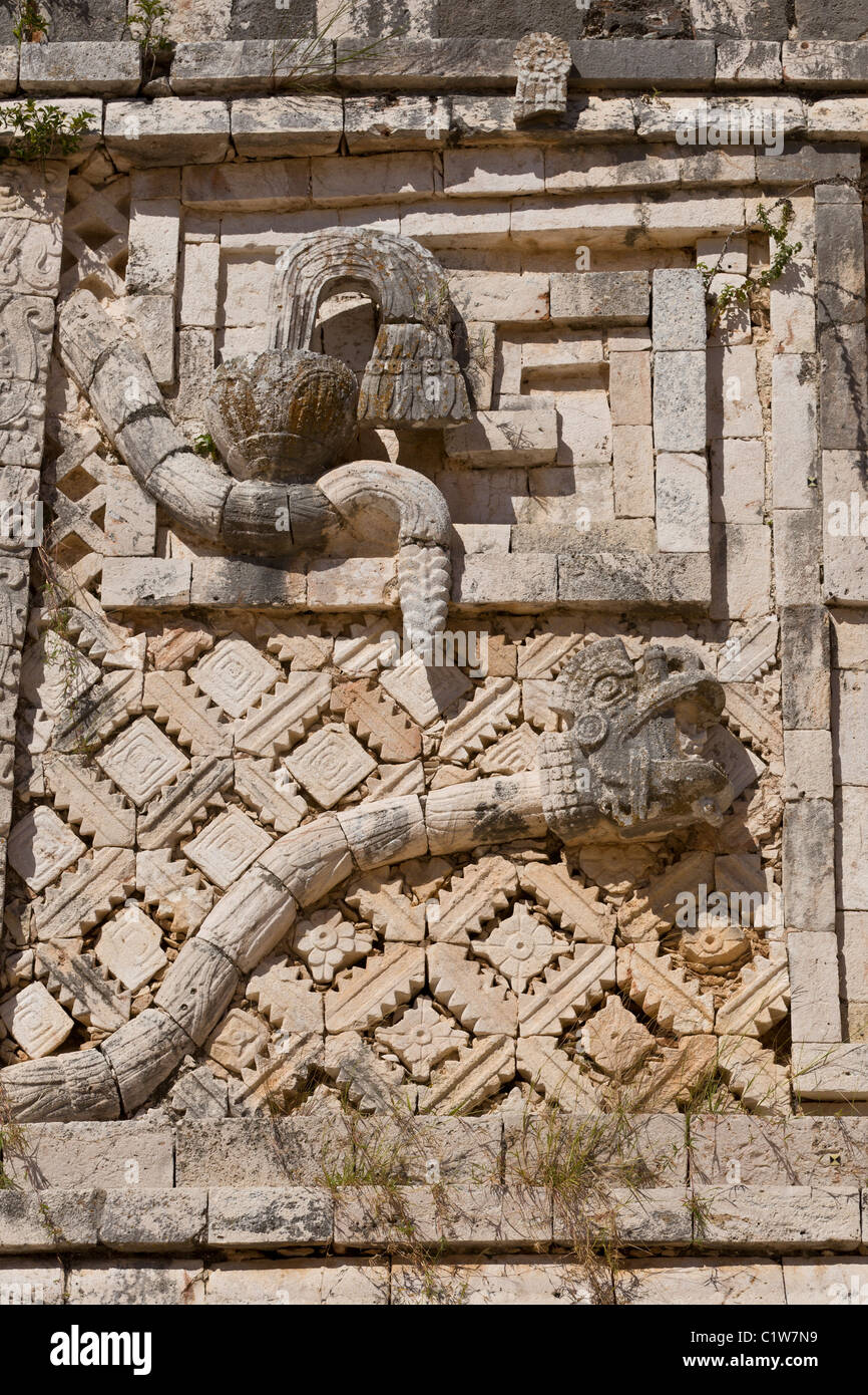 Serpent facade on Maya temple in The Nunnery Quadrangle in the Puuc style Maya ruins of Uxmal in the Yucatan Peninsula, Mexico. Stock Photo