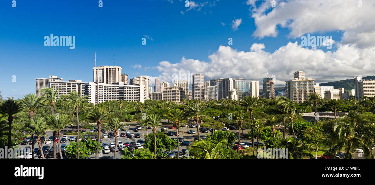 Hawaii, Waikiki, Panorama of hotels and office buidlings Stock Photo