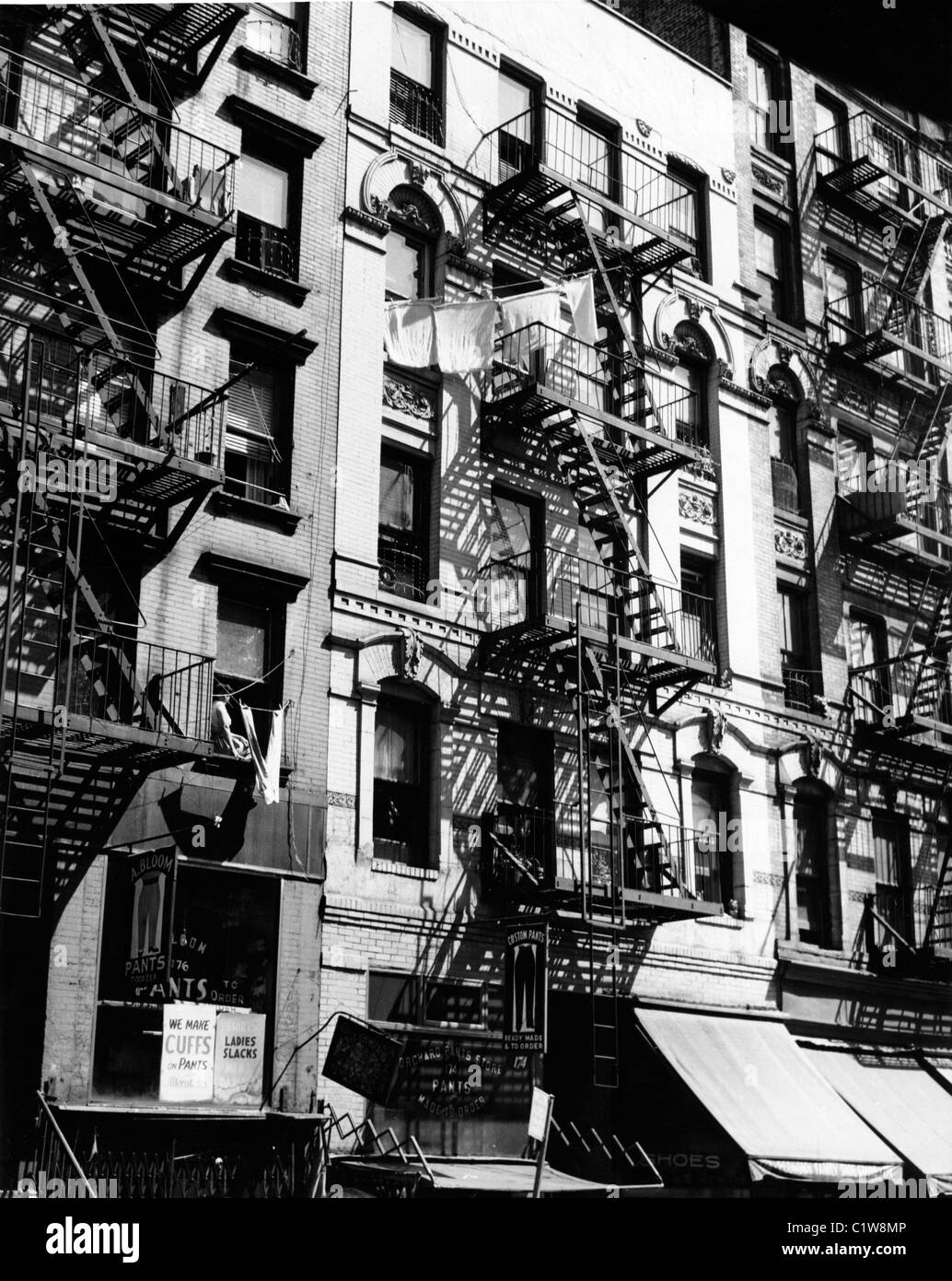 USA, New York City, low angle view of fire escapes of residential buildings Stock Photo