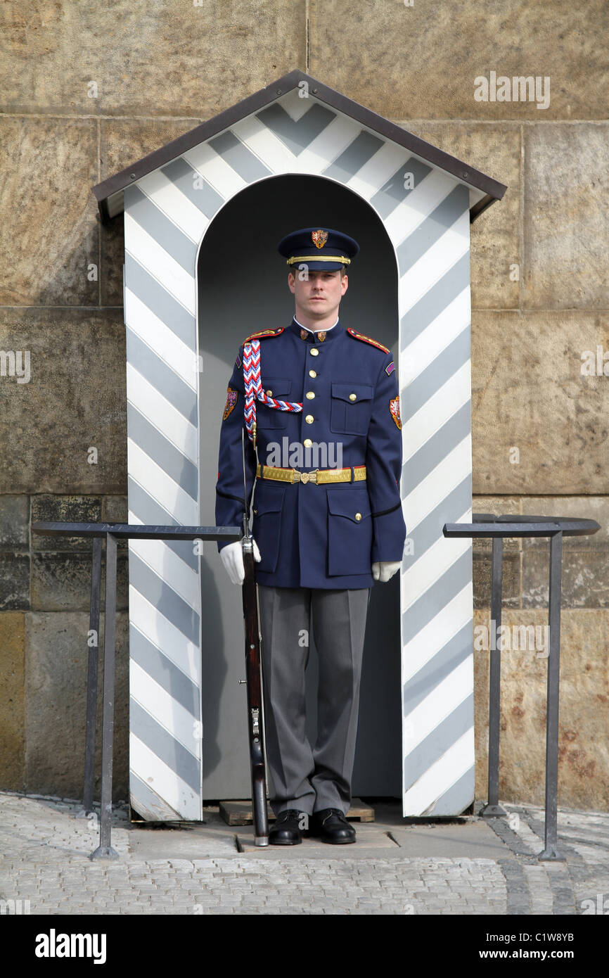 Guard in sentry box in Prague Castle in Prague, Czech Republic Stock Photo