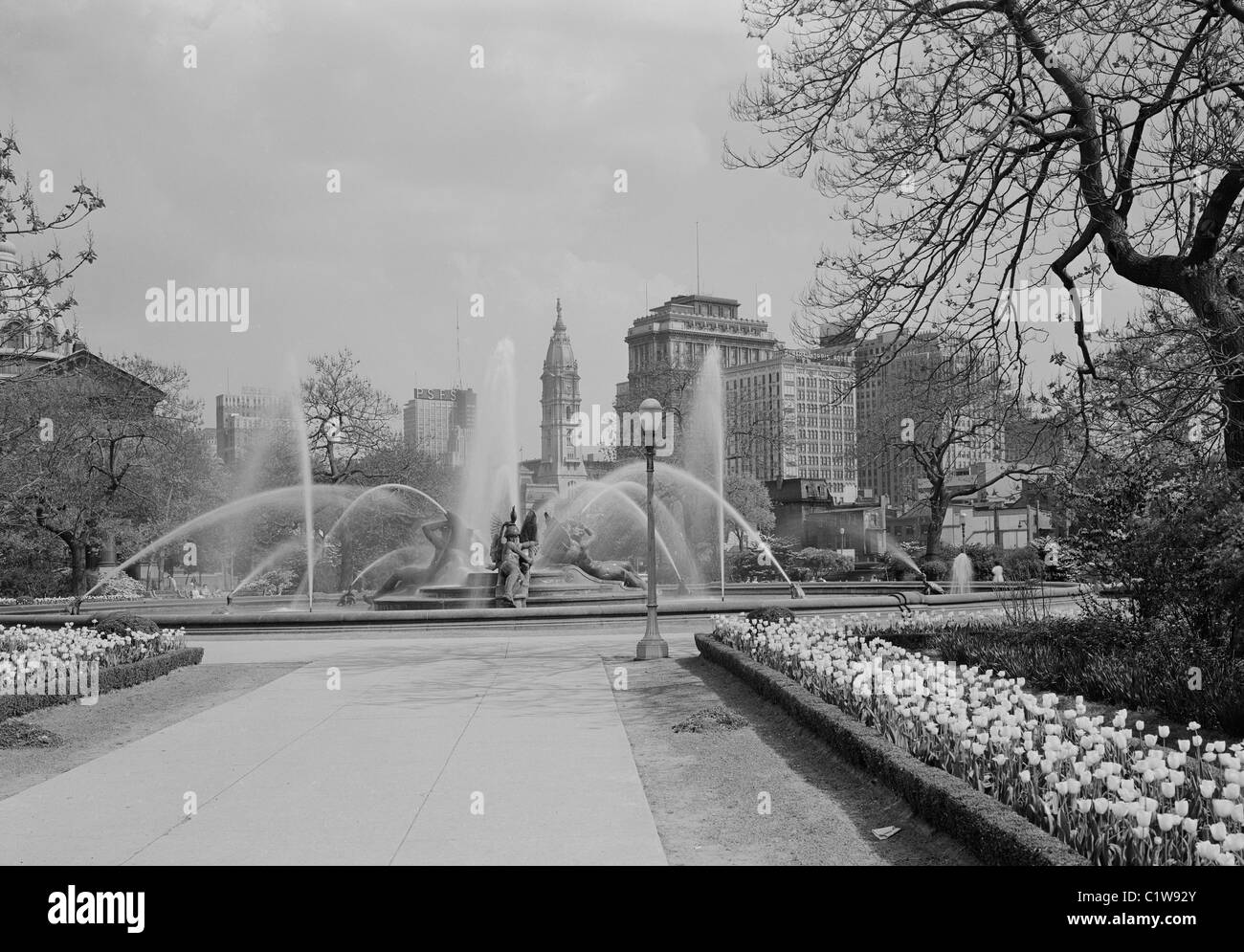 USA, Pennsylvania, Philadelphia, Fountains at Logan Circle with midtown skyline in background Stock Photo