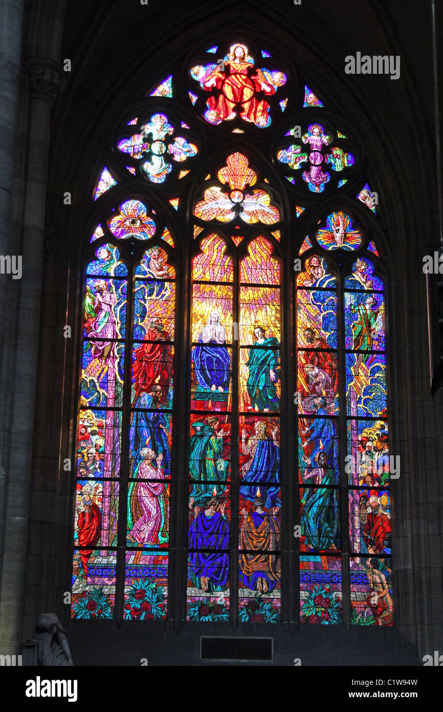 Stained glass window in St. Vitus Cathedral in Prague Castle in Prague, Czech Republic Stock Photo
