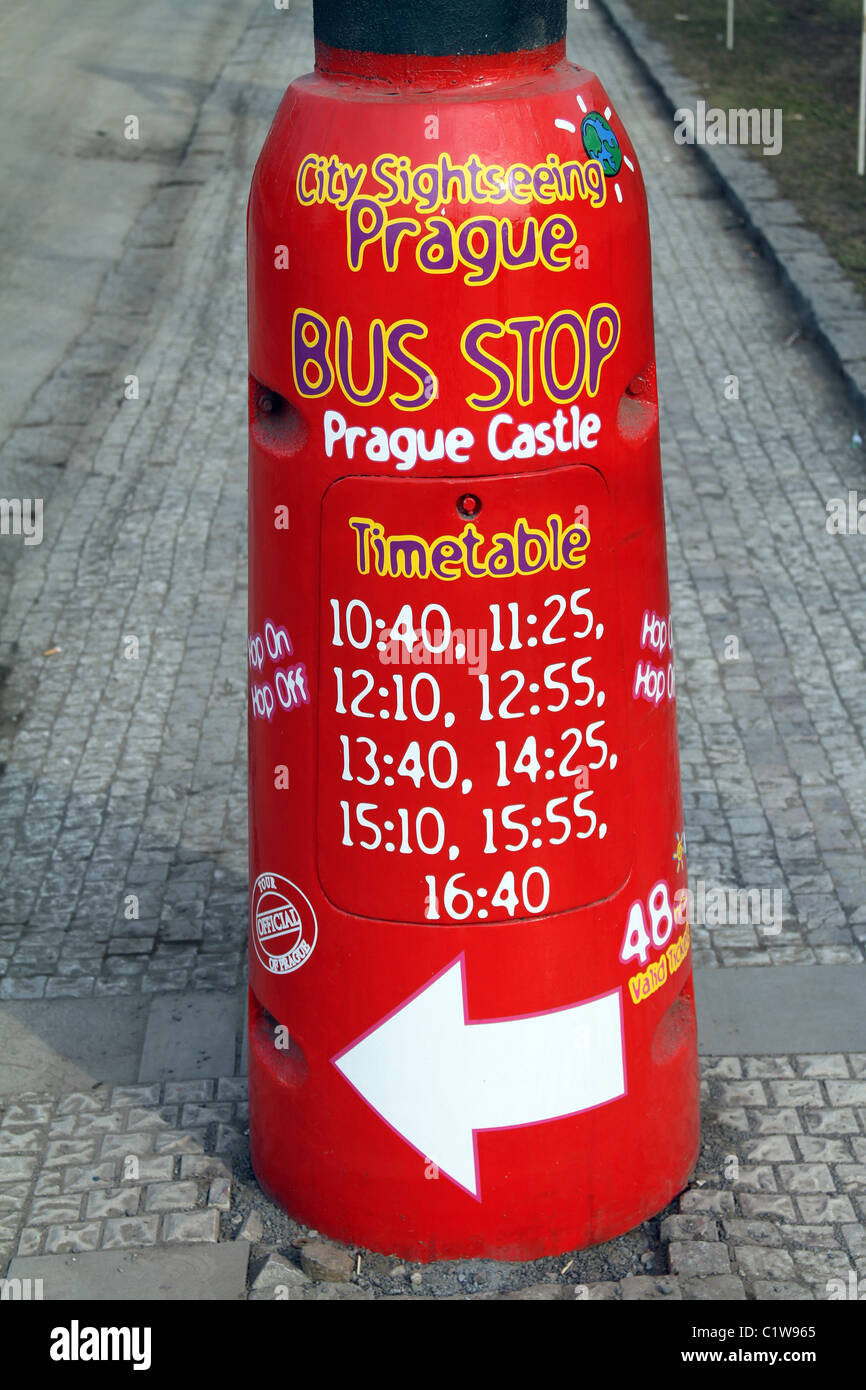 Red Prague Castle city sightseeing bus stop in Prague, Czech Republic Stock Photo