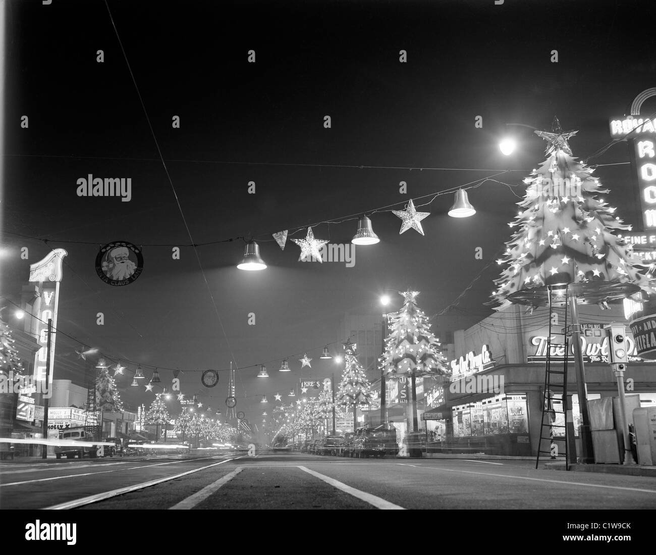 USA, California, Los Angeles, Hollywood, Hollywood Boulevard at night looking East showing Christmas lights Stock Photo