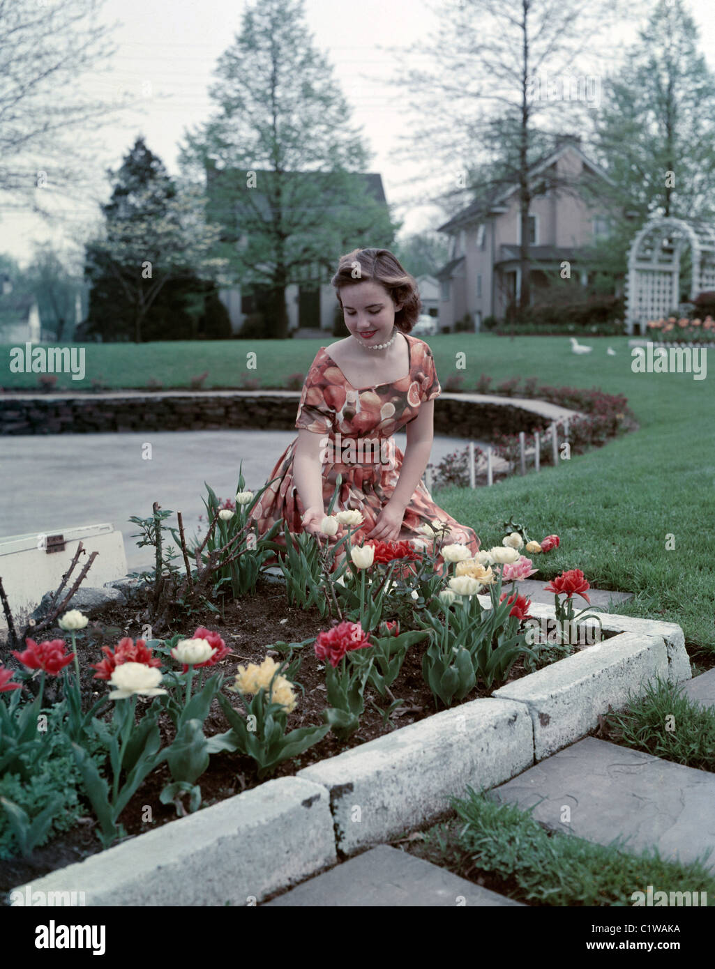 Woman tending flowers in yard Stock Photo