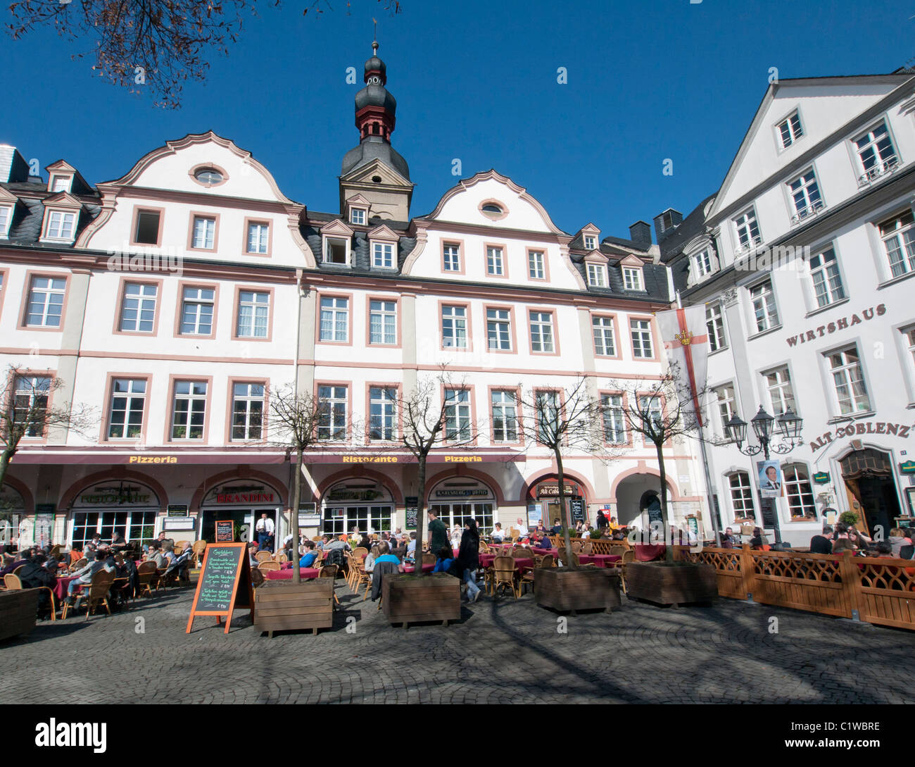 View of View of busy historic Am Plan Square in Koblenz Germany Stock Photo