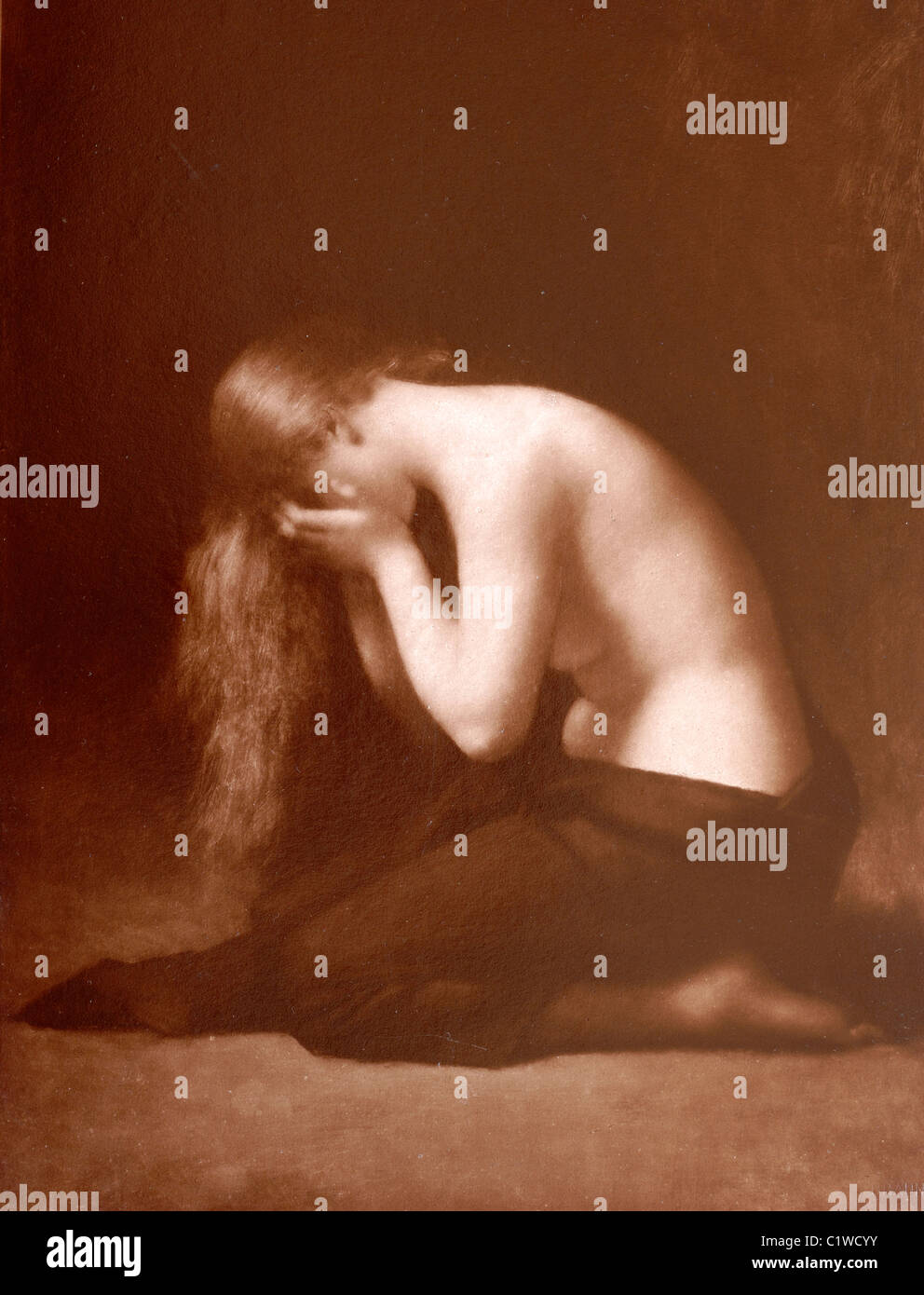 Weeping or Repentant Mary Magdalene (1878) by Jean-Jacques Henner. Woodburytype by Braun. Stock Photo