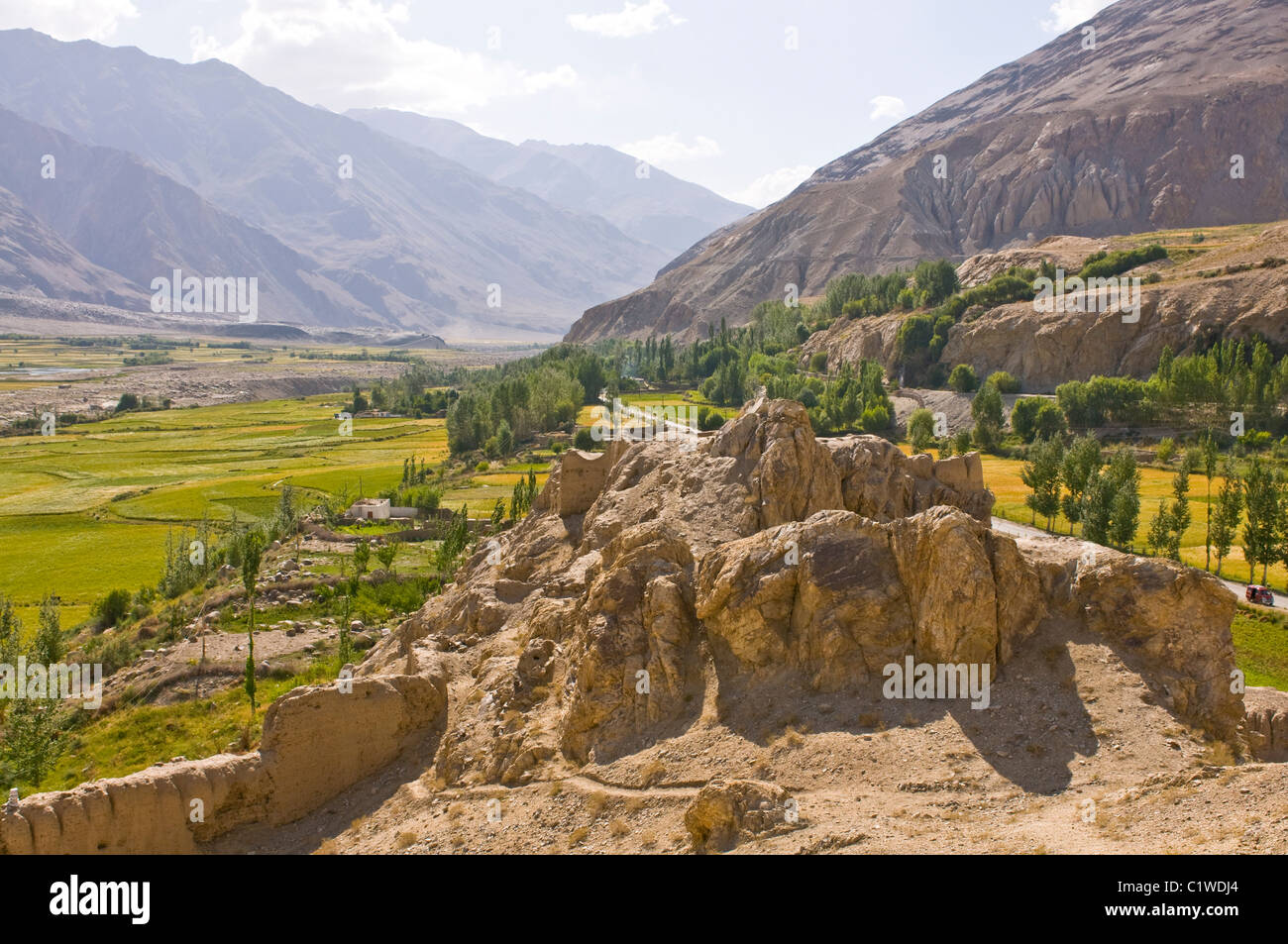Tajikistan, Wakhan Valley, Khakha fortress in mountainous landscape ...