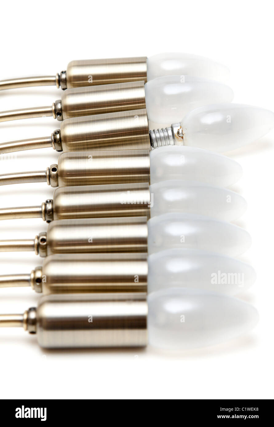 Electric light bulbs in golden patron put in row on white background Stock Photo