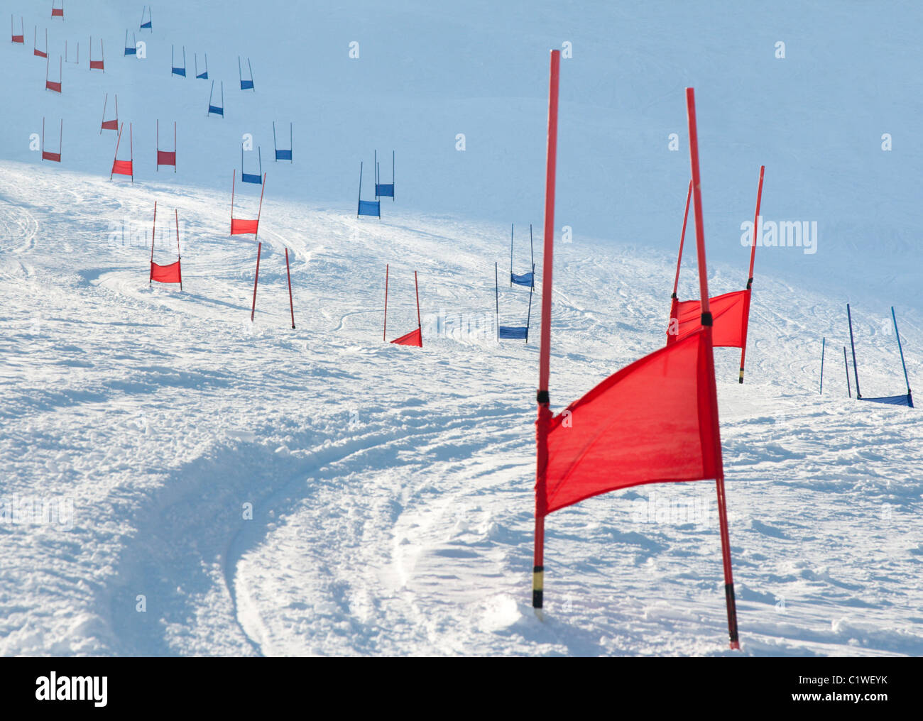 Ski gates with flag red and blue parallel slalom Stock Photo