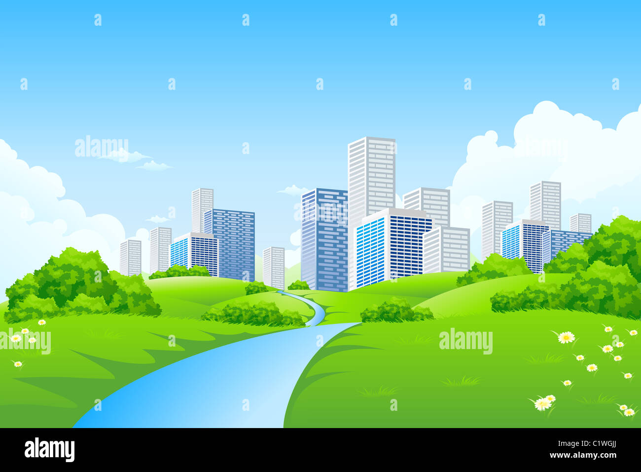 Green landscape with trees river and city Stock Photo - Alamy