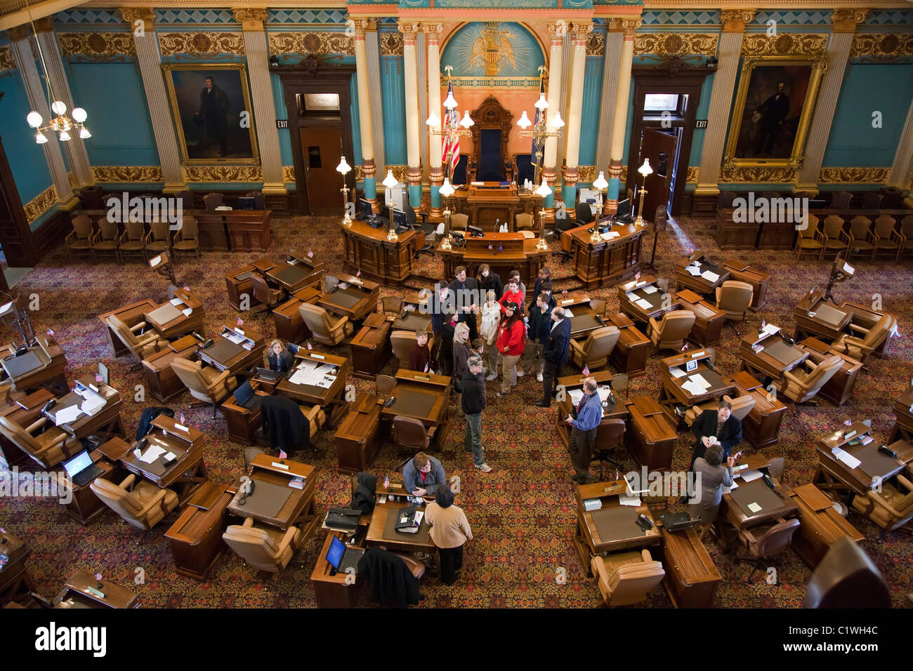 Lansing, Michigan - A group of students tours the state Senate chamber in the Michigan state capitol building. Stock Photo