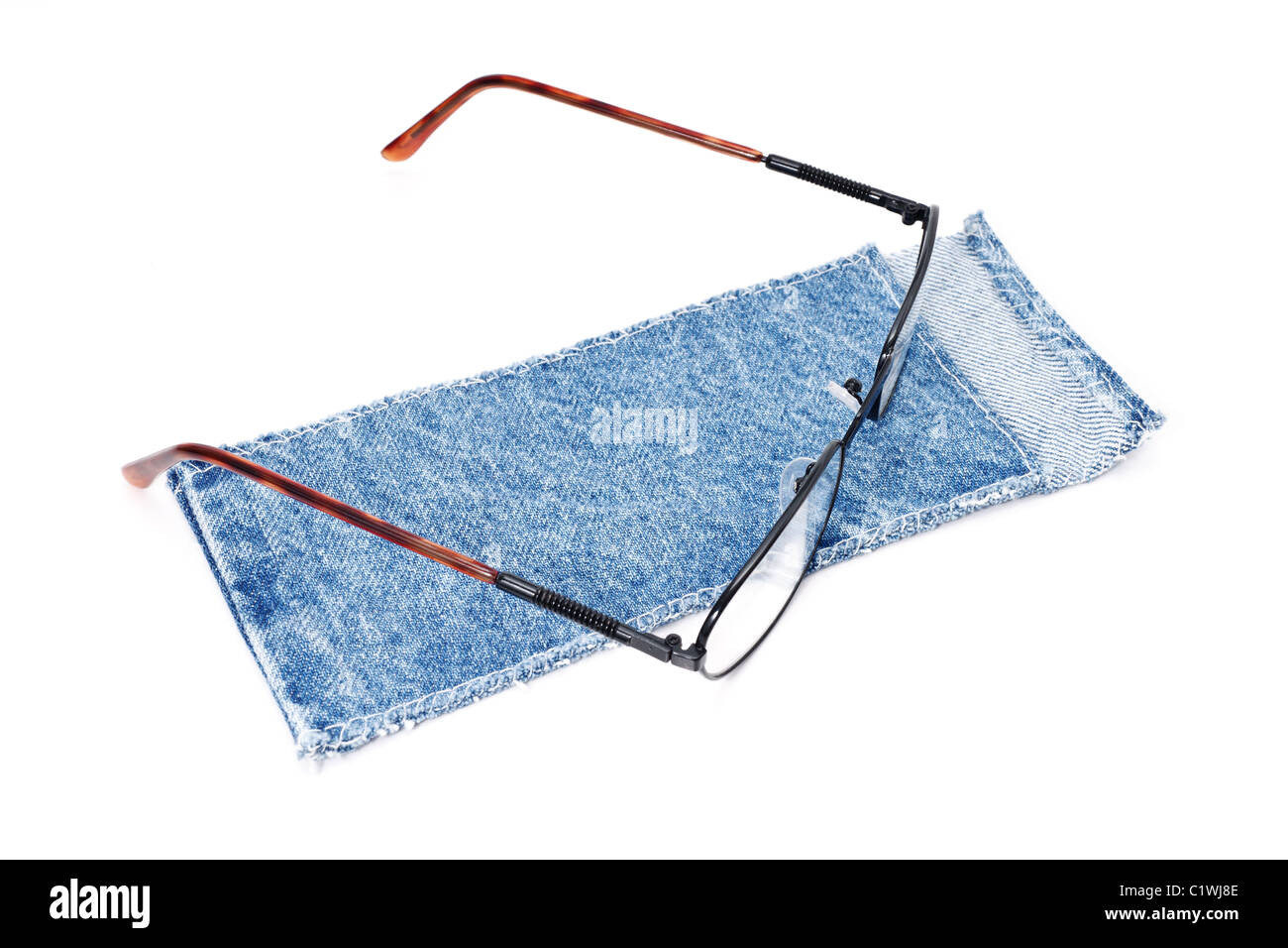 blue cloth case with spectacle isolated on white background Stock Photo