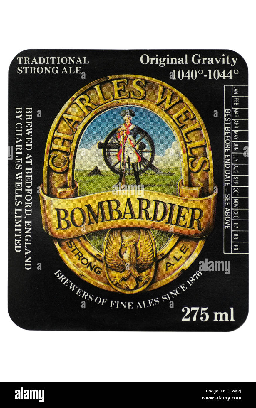 Charles Wells Bombardier Strong Ale bottle label circa 1987-1989. Stock Photo