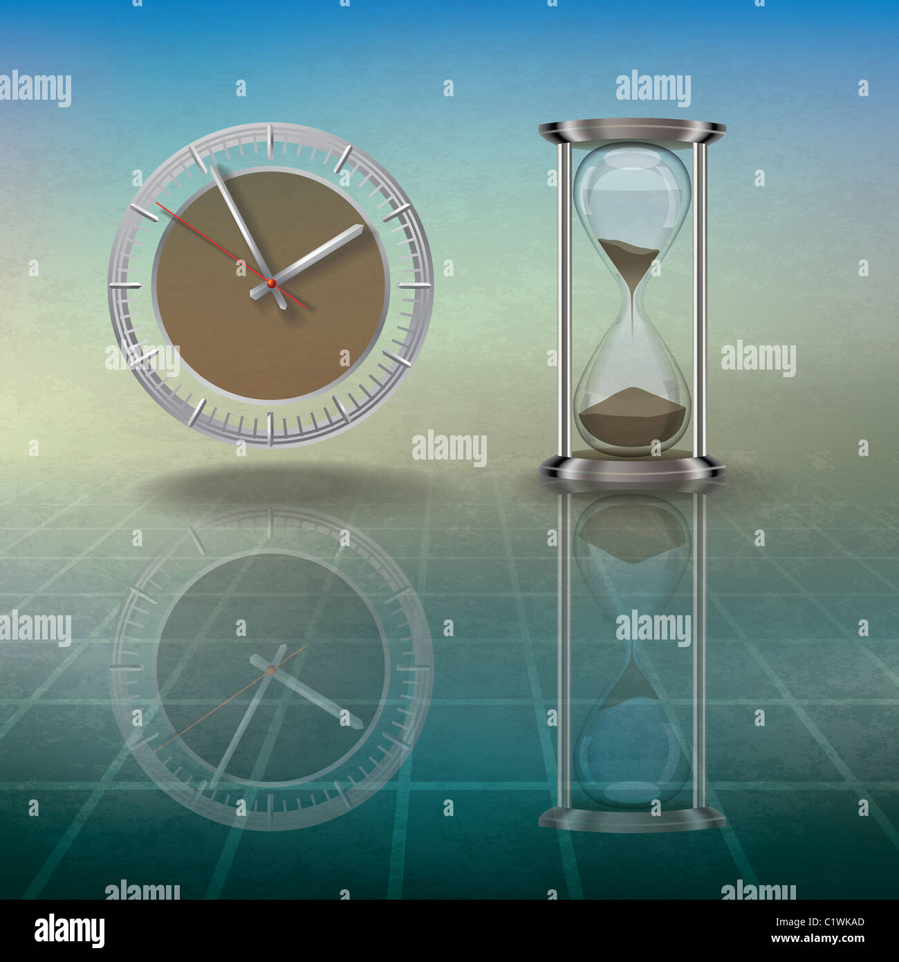 abstract grunge illustration with hourglass and clock on blue Stock ...