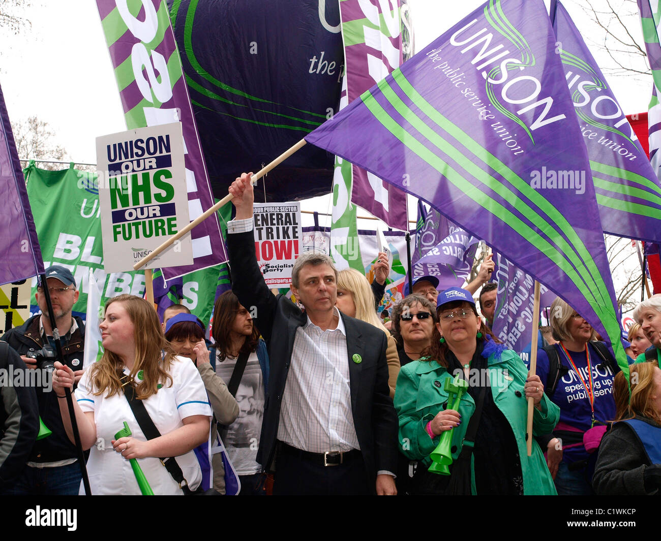 Dave Prentis leads the Unison workers on the 26 March 2011 National TUC Demonstration against the cuts. London Stock Photo
