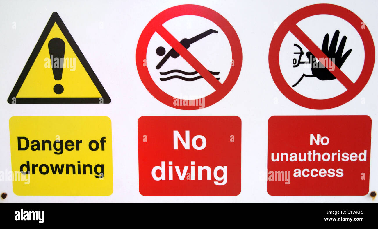 Safety signs Danger of drowning, No diving and No unauthorised Stock Photo 35599709 Alamy