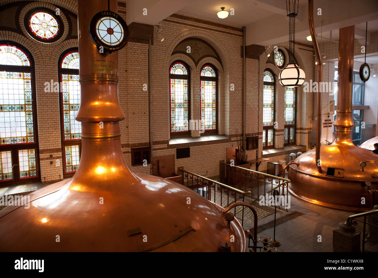 Overview of beer production vats in historic Heineken brewery, Amsterdam, Netherlands. Stock Photo