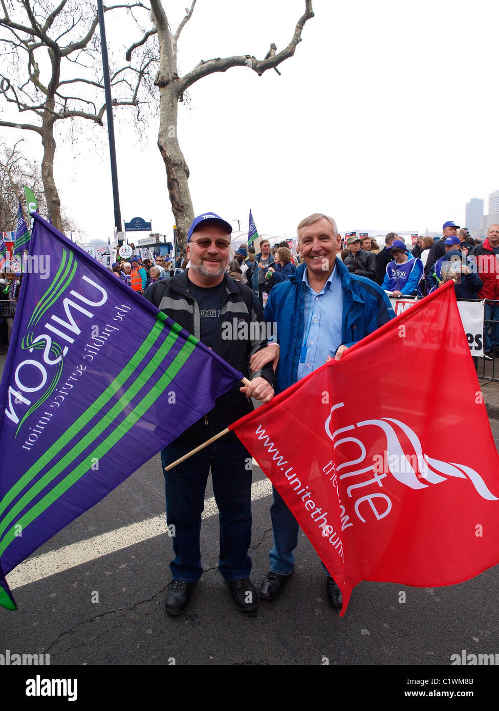 Unite and Unison join together to demonstrate at the 26 March 2011 National TUC Demonstration against the cuts. London Stock Photo