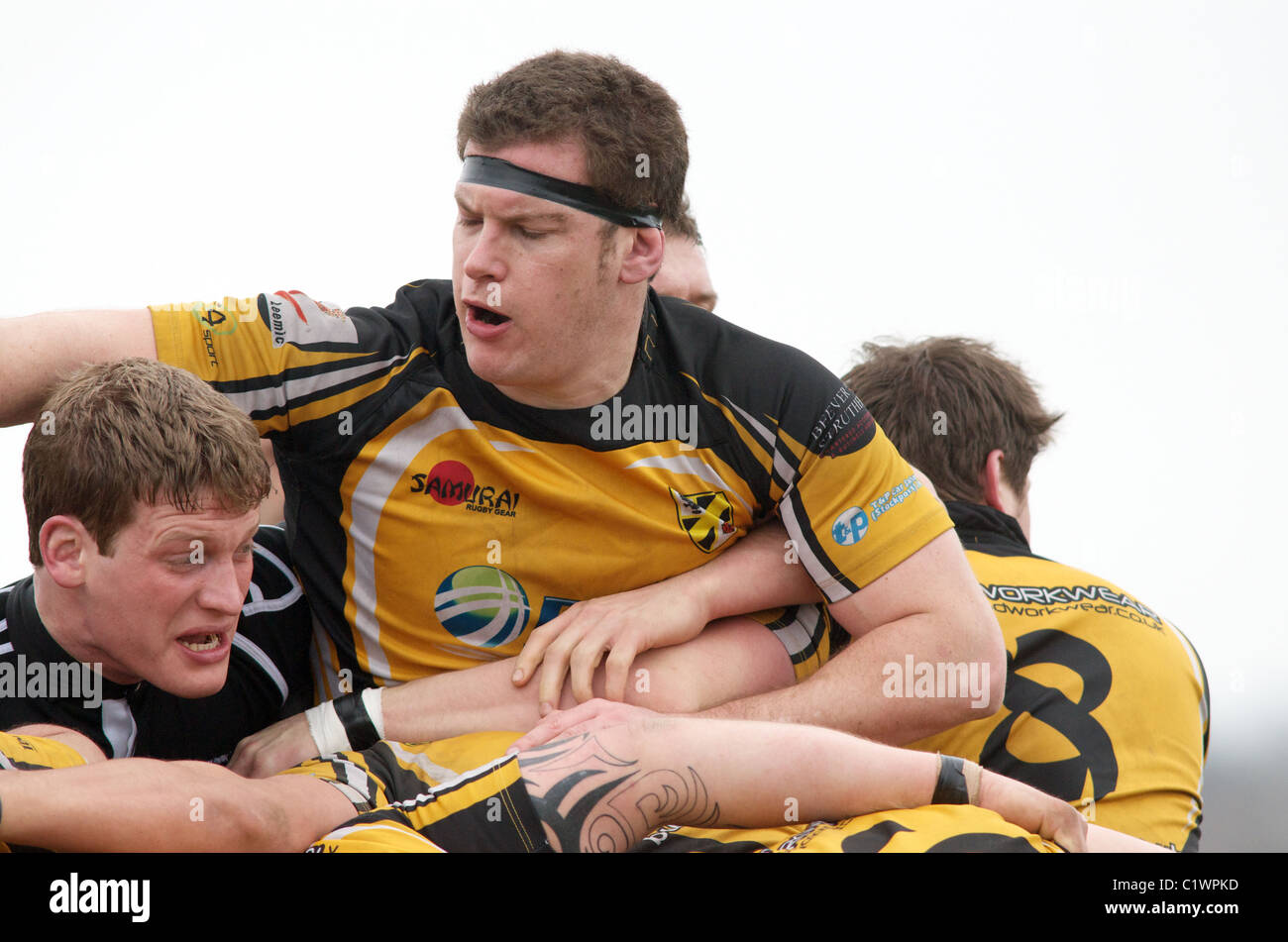 rugby players in a ruck Stock Photo