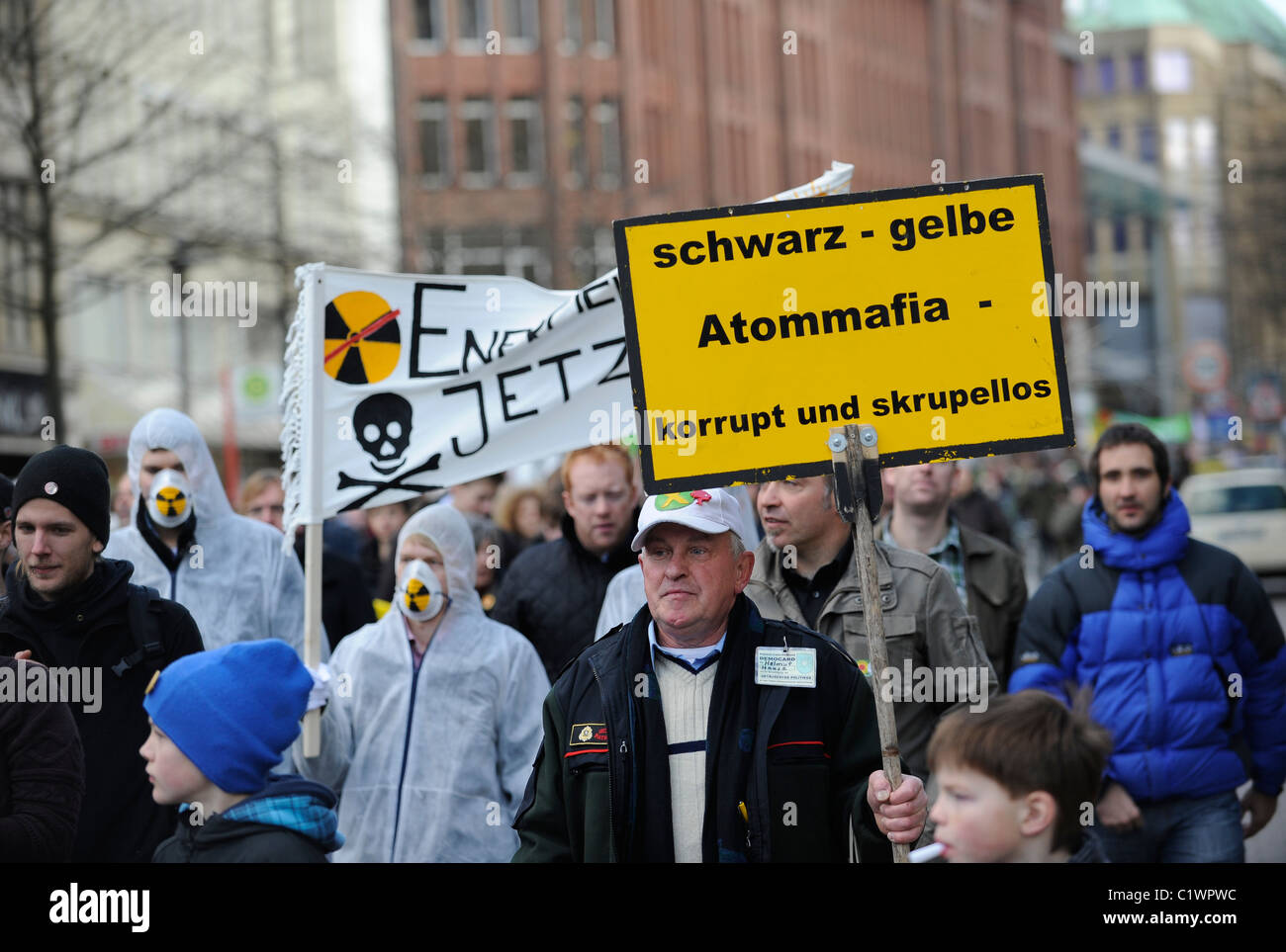 GERMANY Hamburg 2011 march 26 , large rally and public meeting at townhall market against nuclear power after accident Fukushima Stock Photo