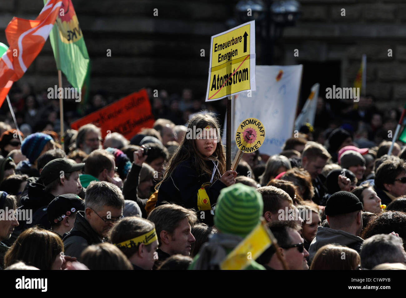 GERMANY Hamburg 2011 march 26 , large rally and public meeting at townhall market against nuclear power after accident Fukushima Stock Photo