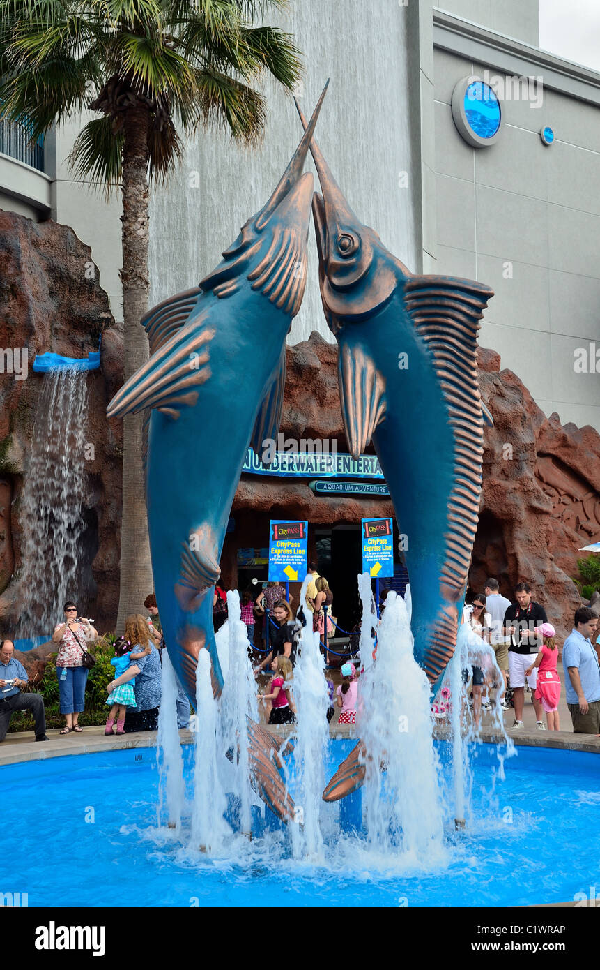 Sculpture of twin marlins in front of Houston Downtown Aquarium. Texas