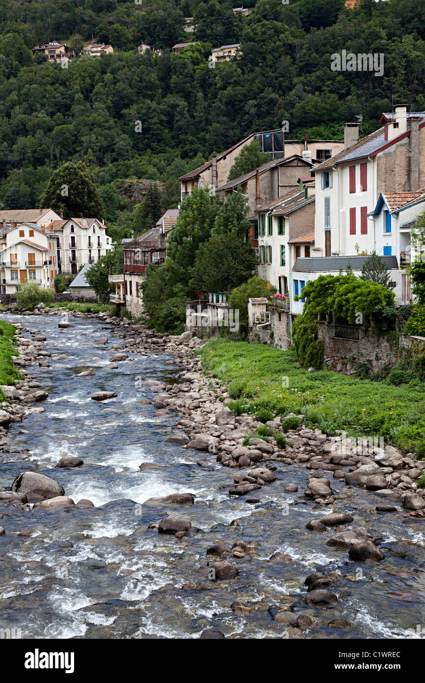 Houses on the river edge Ax-les-Thermes department Ariege France Stock Photo