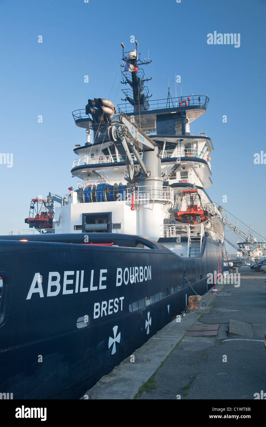 Abeille Bourbon, tugboat  ocean-going, moored in Brest commercial harbor. Stock Photo