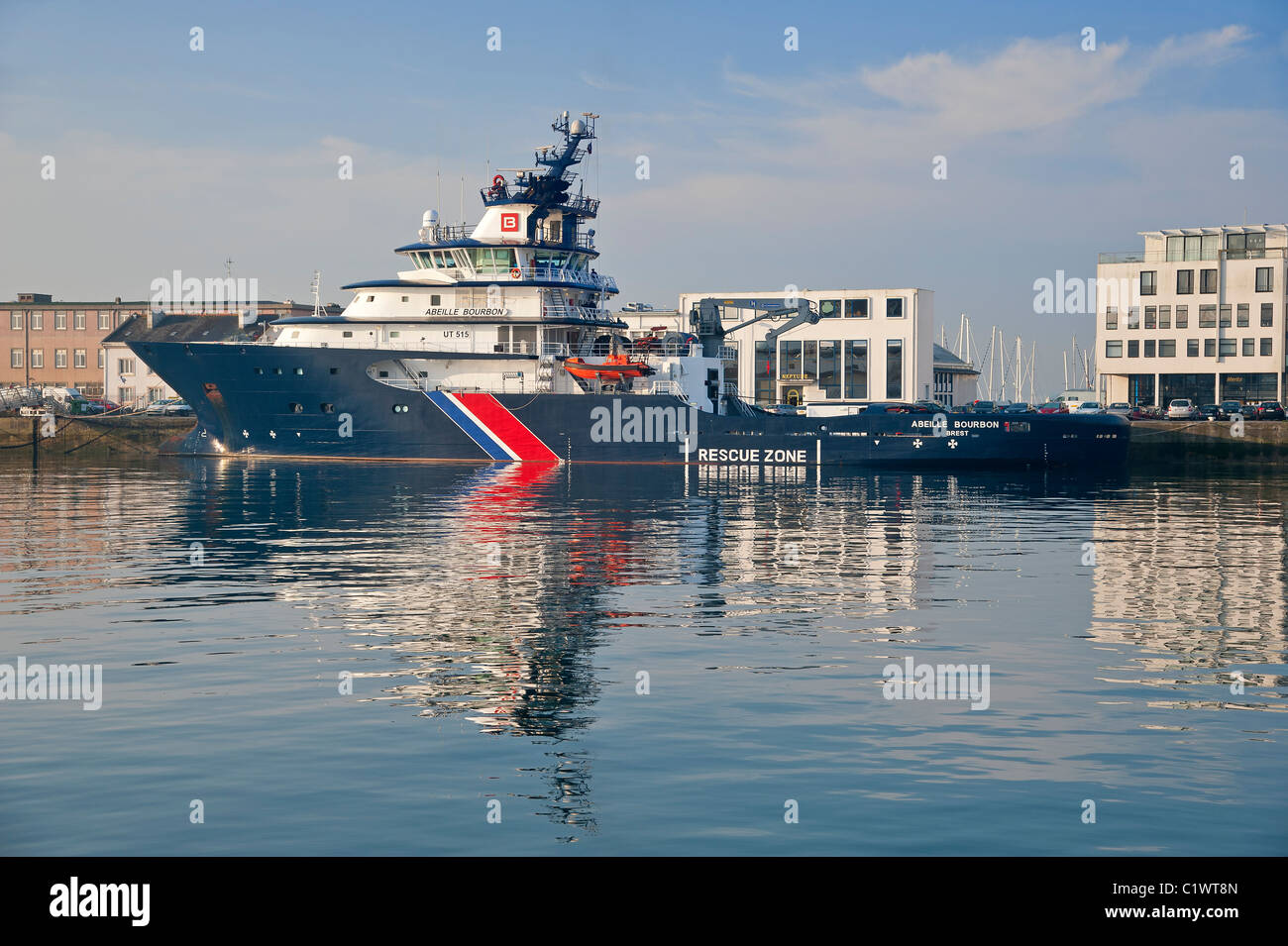 Abeille Bourbon, tugboat  ocean-going,  moored in Brest commercial harbor. Stock Photo