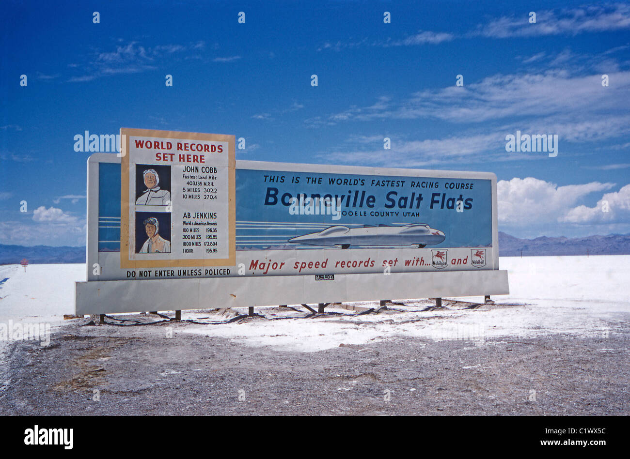 Billboard, Bonneville Salt Flats, Utah, USA, c. 1956 showing it was home to land speed world records (John Cobb and Ab Jenkins) Stock Photo