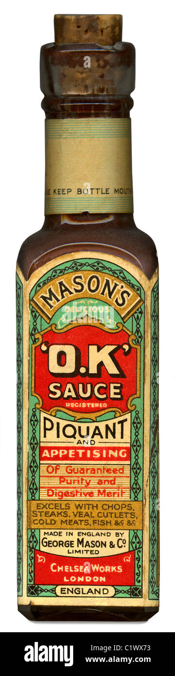 Mason's 'OK' sauce bottle, c. 1915 - one of the first products to appropriate the American abbreviation OK Stock Photo