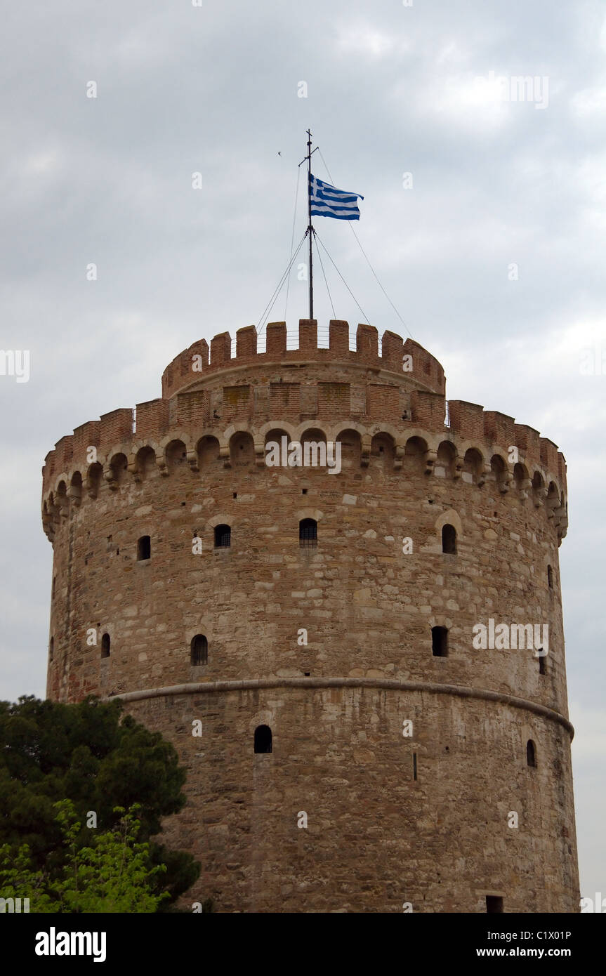 Flag of Greece on the fortress tower Stock Photo