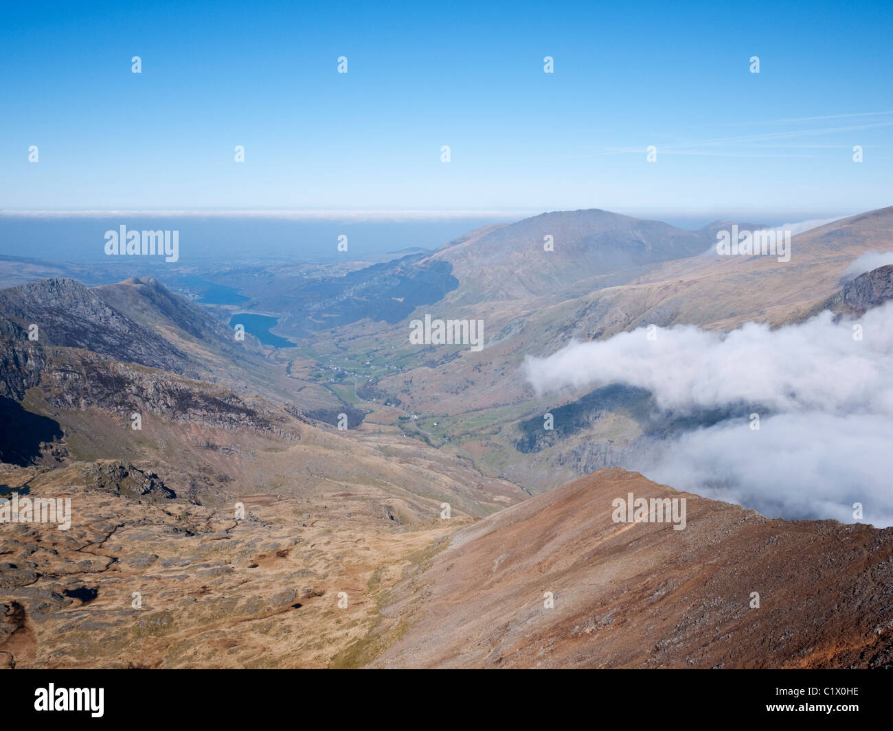 View from Crib Goch down the Llanberis Pass to Llyn Peris, showing the north ridge of Crib Goch