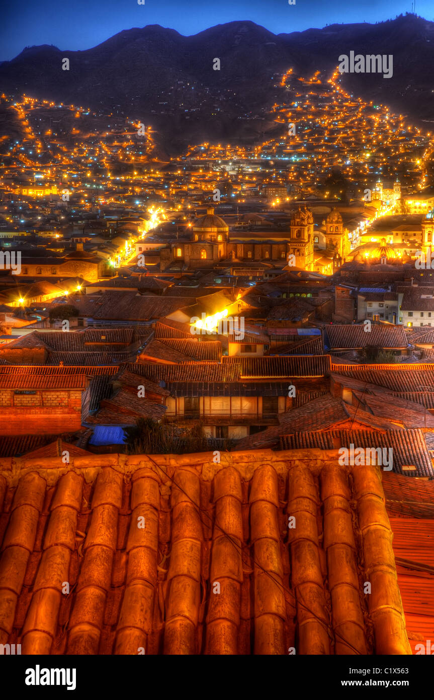 A view over Cusco Peru at night taken from El Mirador viewpoint Stock Photo