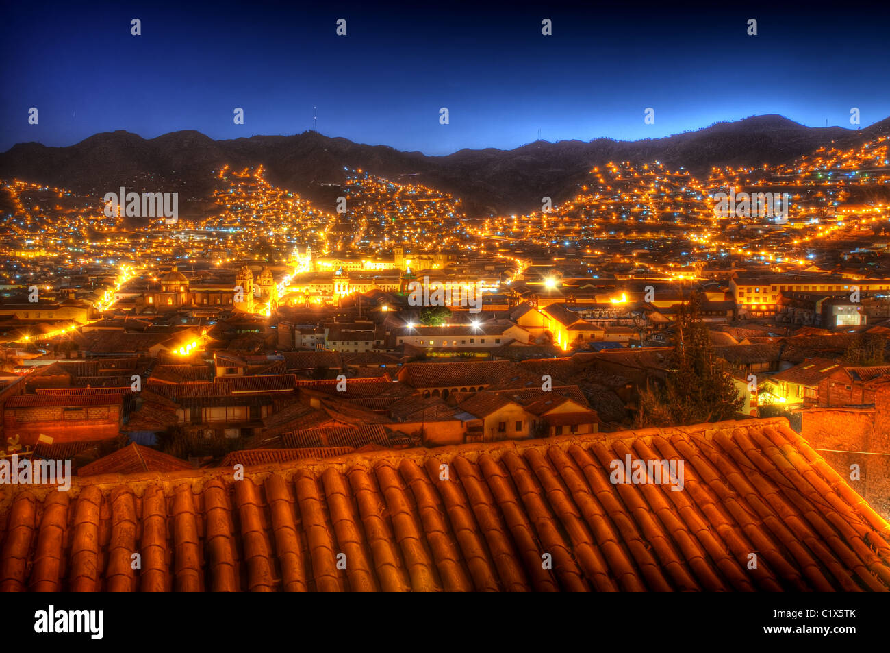 A view over Cusco Peru at night taken from El Mirador viewpoint Stock Photo