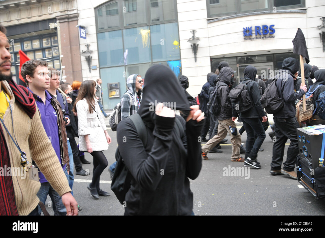 "Black Bloc" black bloc anarchists anarchy March for the Alternative London 2011 protest and riot against Government Cuts Stock Photo