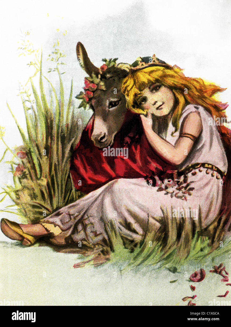 American illustrator Frances Brundage shows Titania with a clown, on whose head Puck had placed an donkey's head. Stock Photo