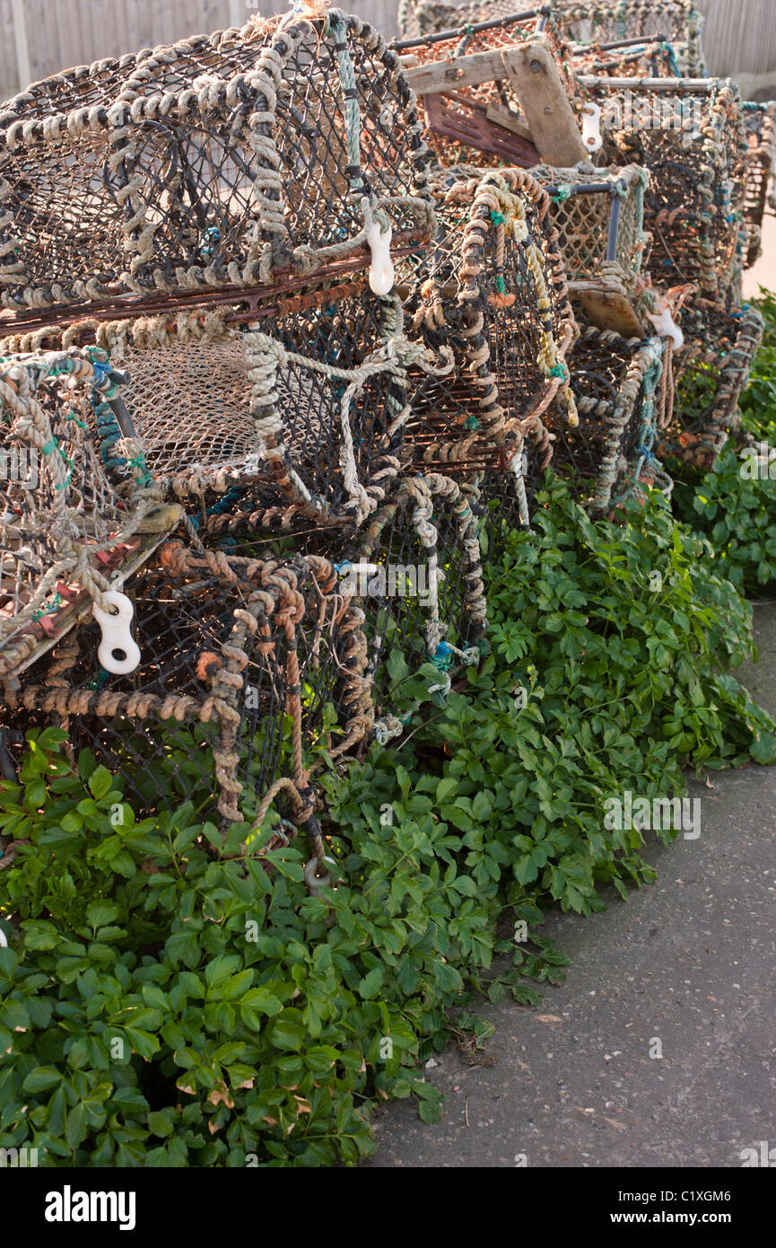 Details of crab pots in the off season in the Norfolk town of Overstrand, near Cromer, are used for catching Cromer crab. Stock Photo