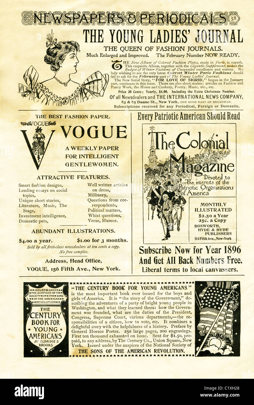 Century Magazine's Feb 1896 ads for Young Ladies' Journal, Vogue Magazine, Colonial Magazine,  Century Book for Young Americans Stock Photo