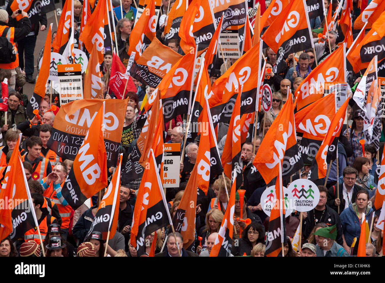 Anti-Cuts March in Central London, GMB trade union profest Stock Photo ...