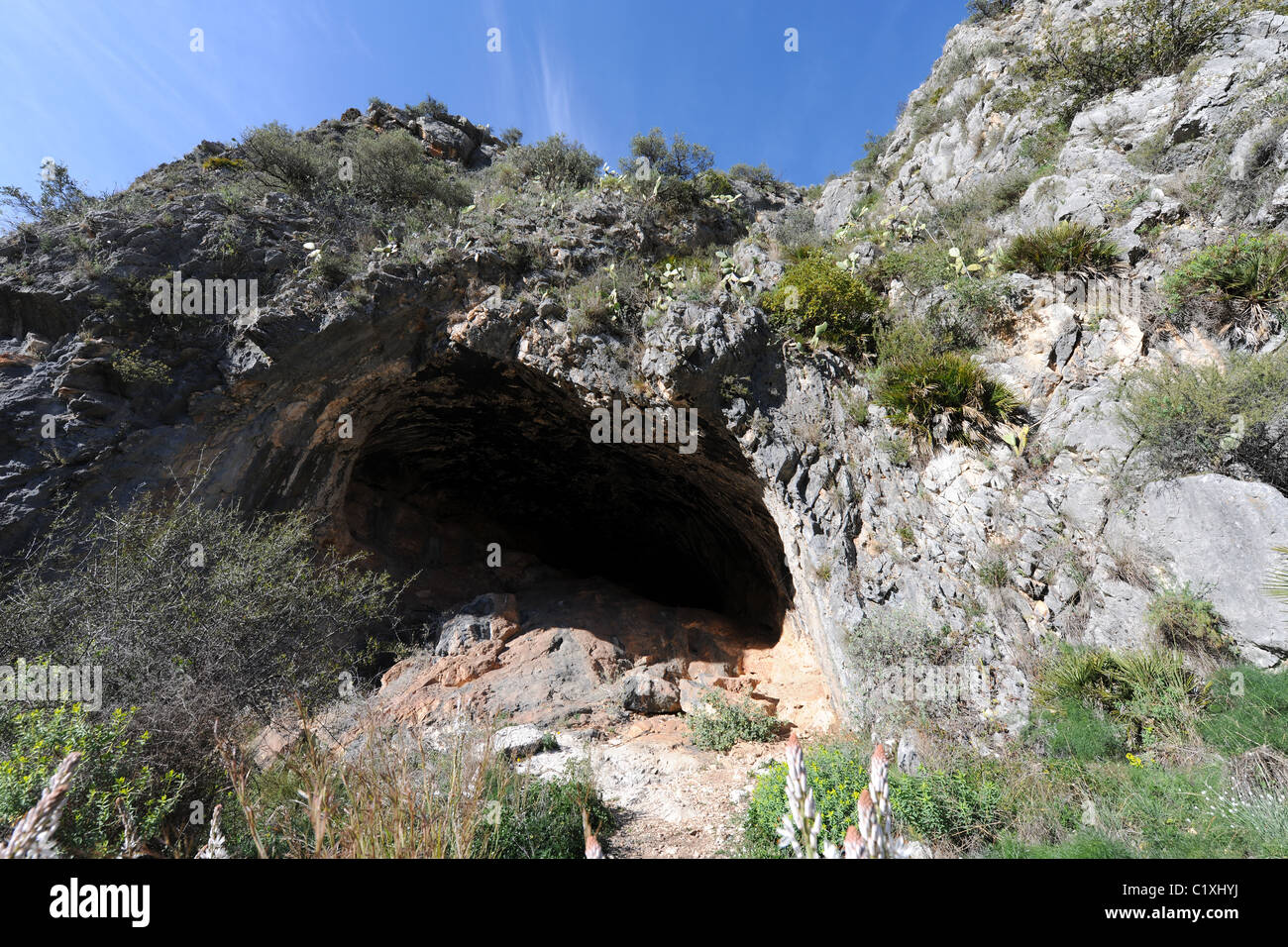 cave at site of Macro Schematic) rock art, Pla de Petracos, Castell de Castells, Marina Alta, Alicante Prov. Valencia, Spain Stock Photo