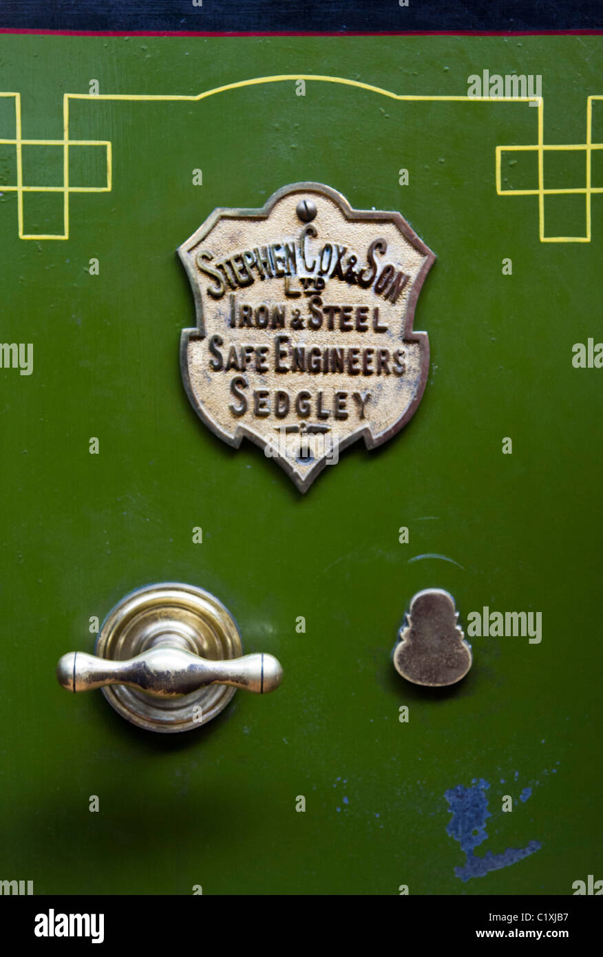 Safe door with handle, lock and makers badge Stock Photo Alamy