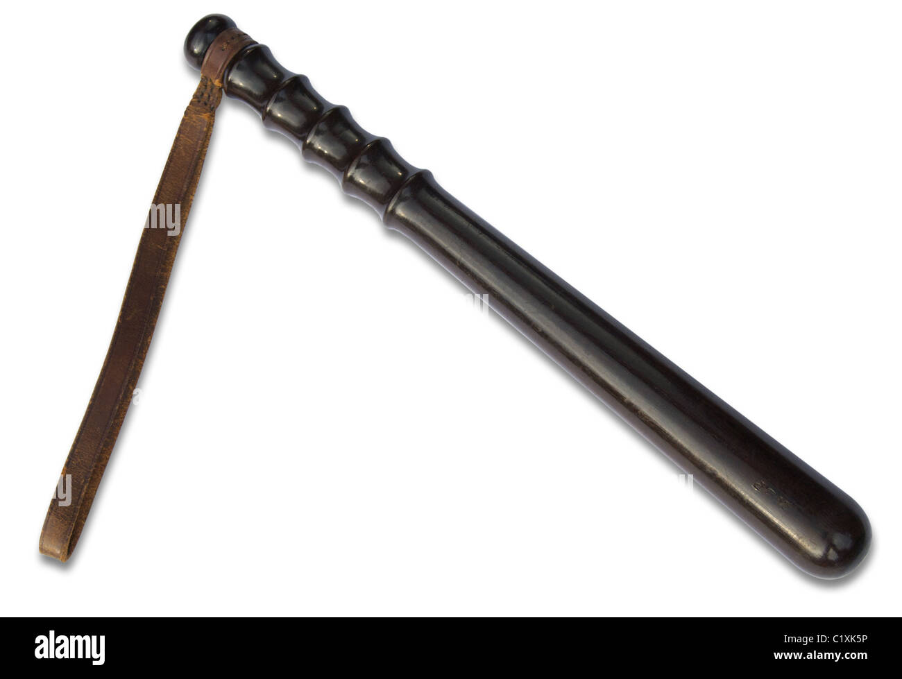 Wooden truncheon with leather strap, c. 1940s (cutout, with drop shadow) Stock Photo