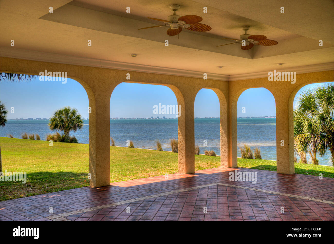 View of Sarasota Bay from the garden gazebo on the west lawn of the Powel Crosley Mansion. Stock Photo