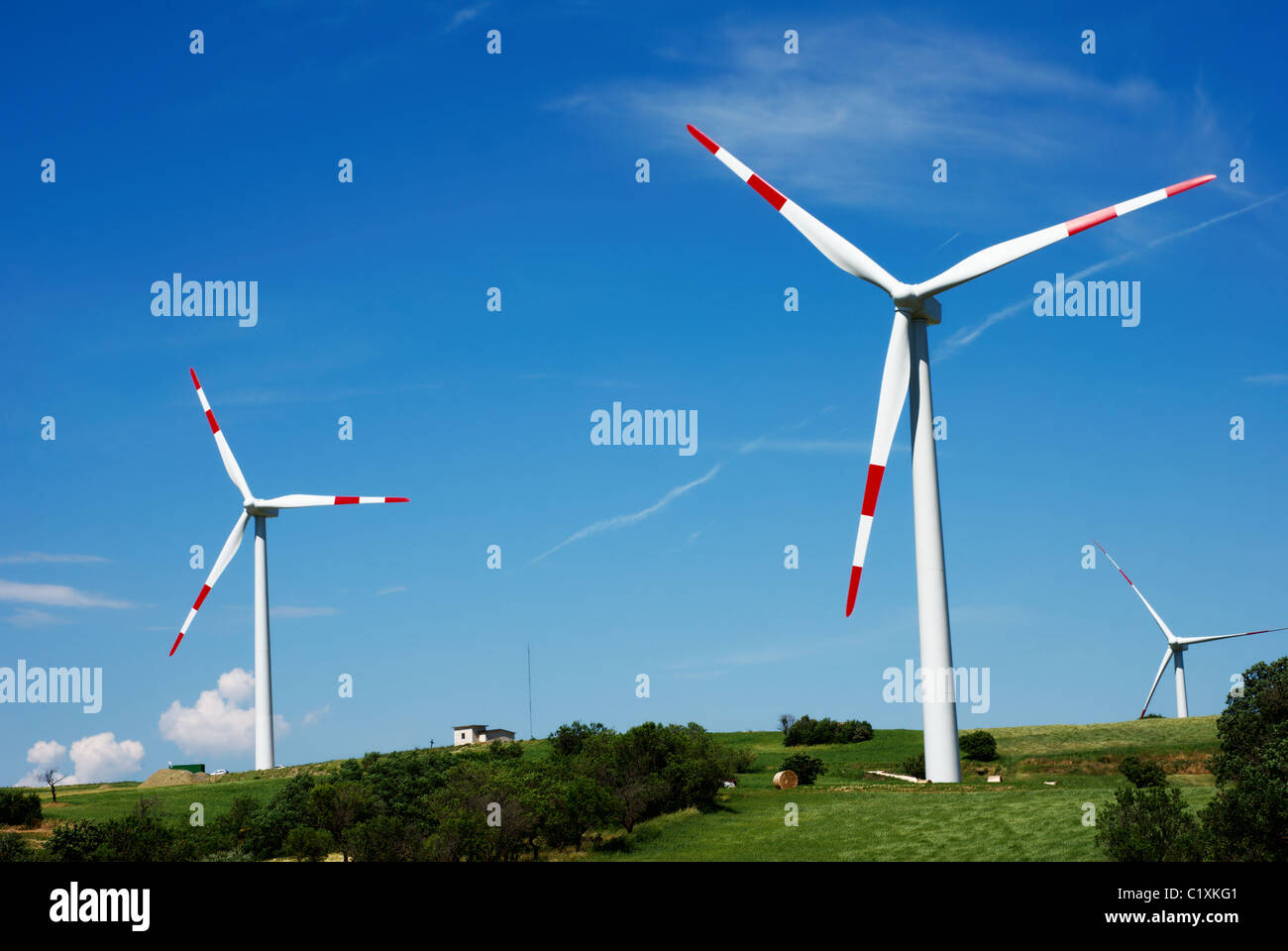 Wind turbines with blue sky in summertime Stock Photo