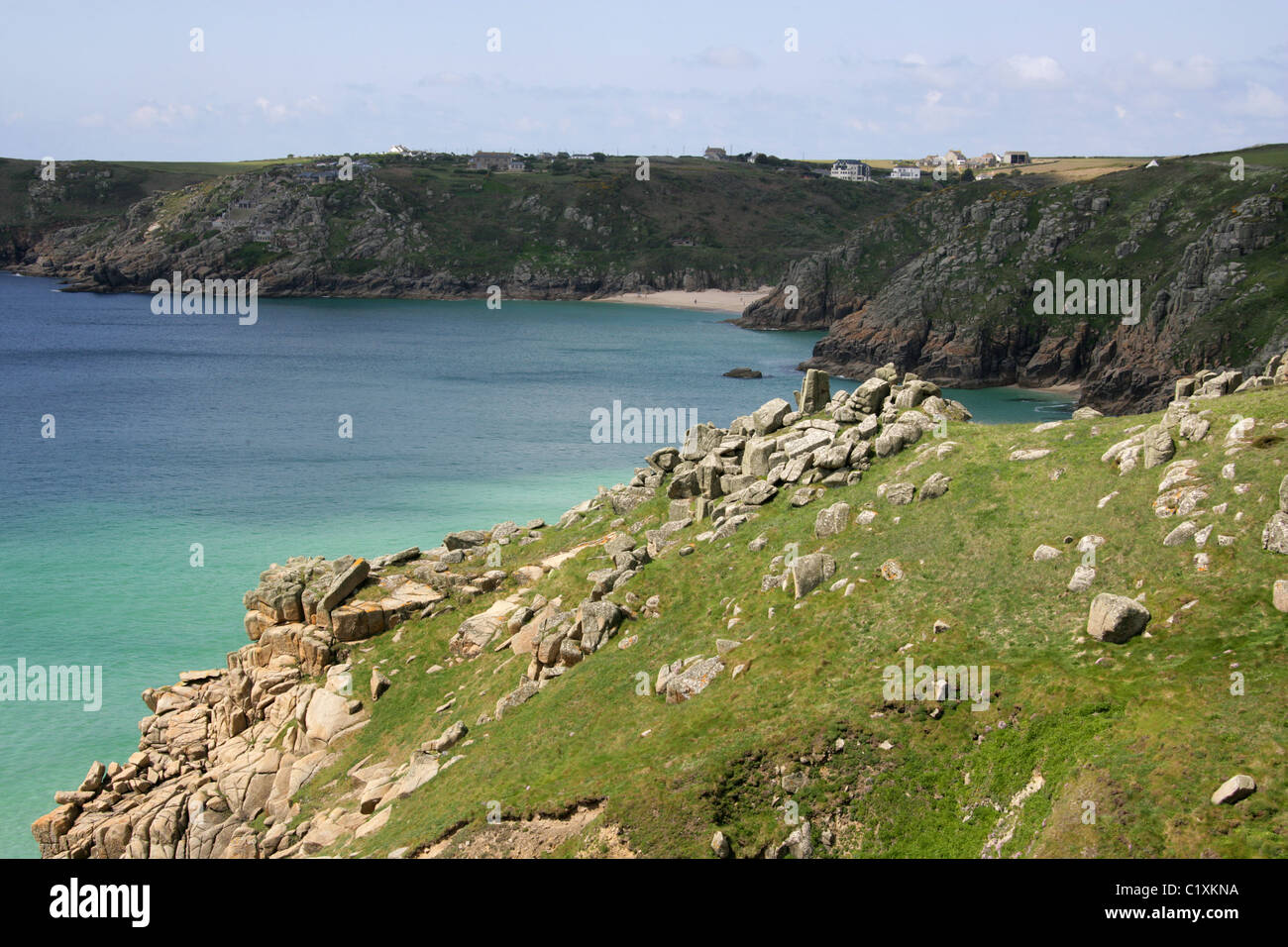 View of Pedn-men-an-mere, Minack Open Air Theatre and Porthcurno, from Logan Rock, North Cornwall Coast Path, Near Land's End. Stock Photo